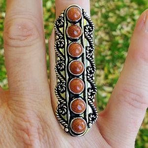 New 7 Stone Sun Sitara Sunstone Sandstone Adjustable Silver Statement Ring.